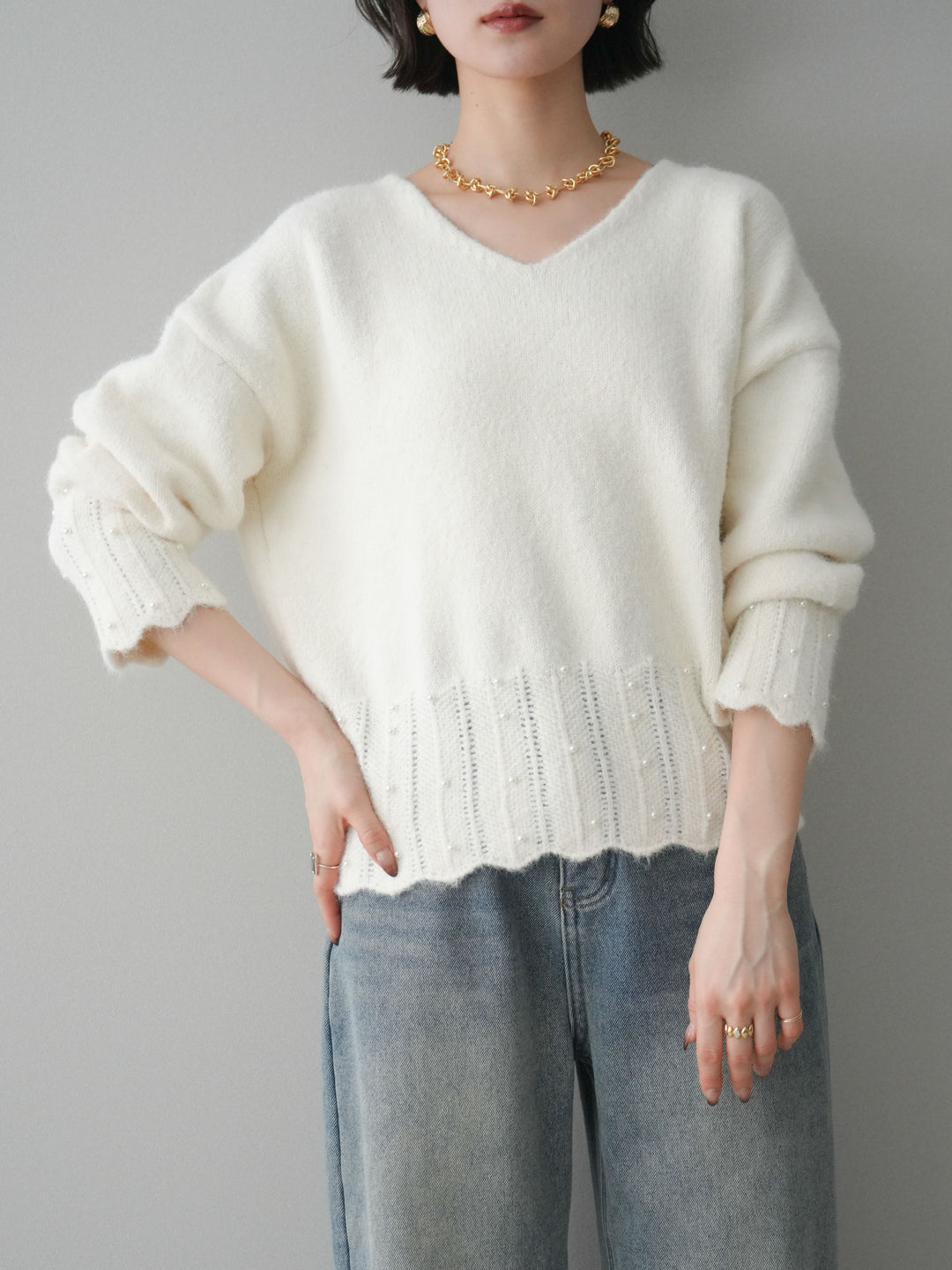 [SET]パールフリルリブヘムニットプルオーバー+選べるアクセセット(2set)