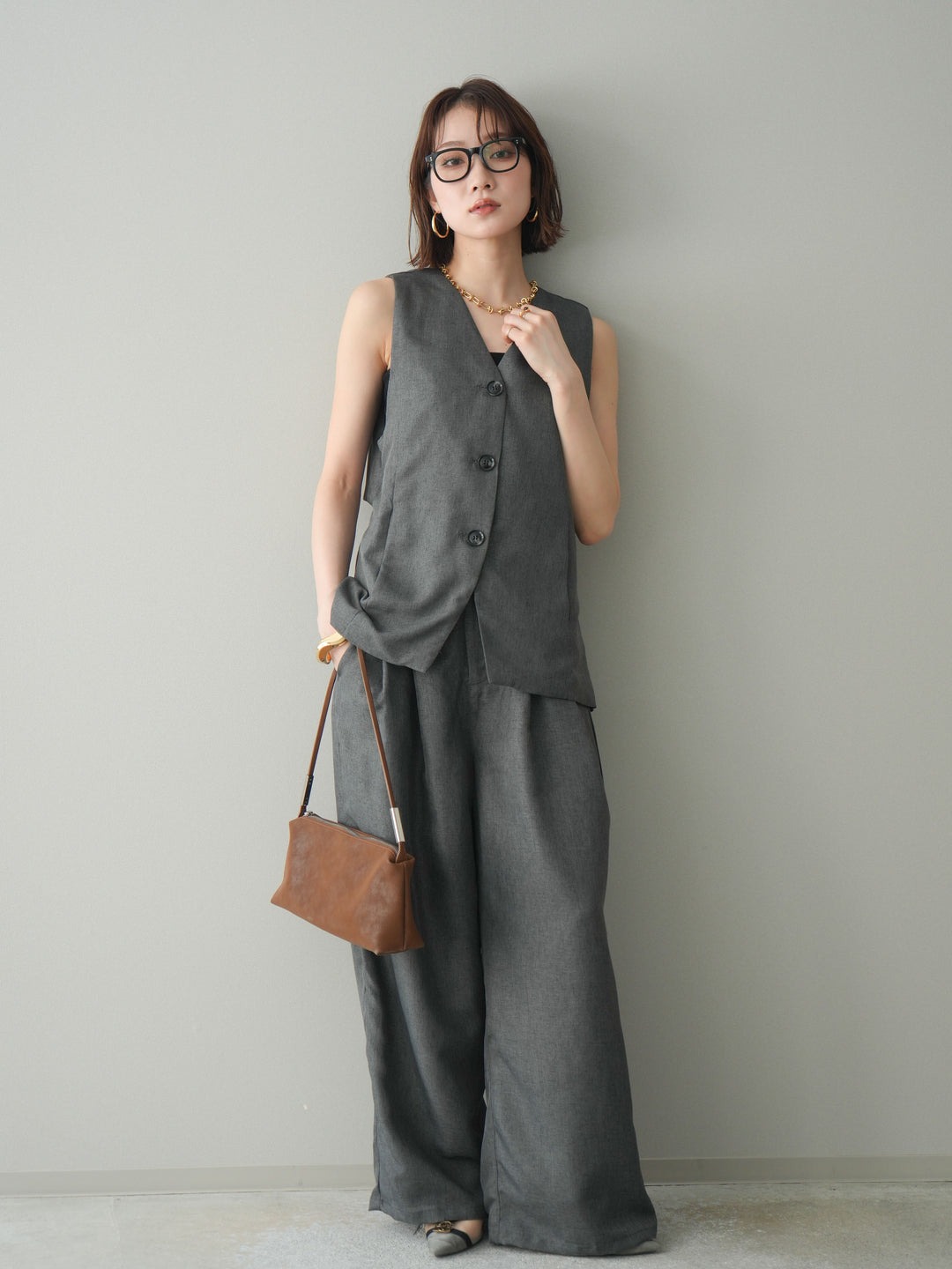 [SET]リネンライクバックオープンジレ+リネンライクタックワイドパンツ(2set)