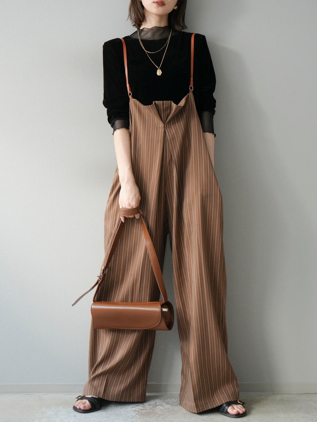 【着回しセット】[SET]ヘリンボーンストライプジレ+シアー切替ベロアトップス+ヘリンボーンストライプサロペット(3set)