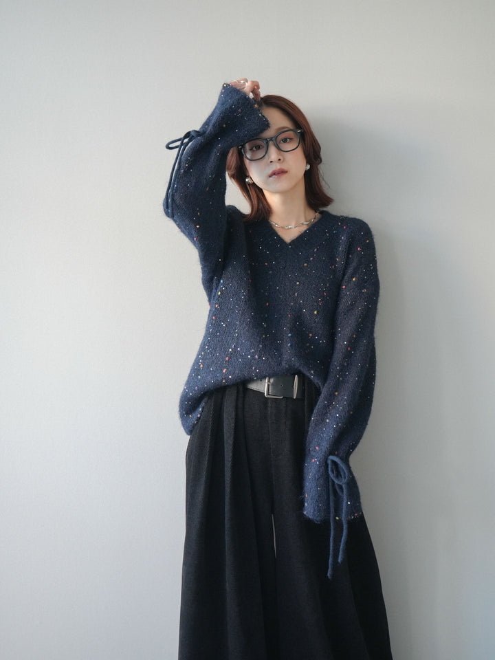 [SET]キャンディースリーブカラーネップスパンコールニットプルオーバー+ベルトデザインループコールテンワイドパンツ(ベルト付き)(2set)