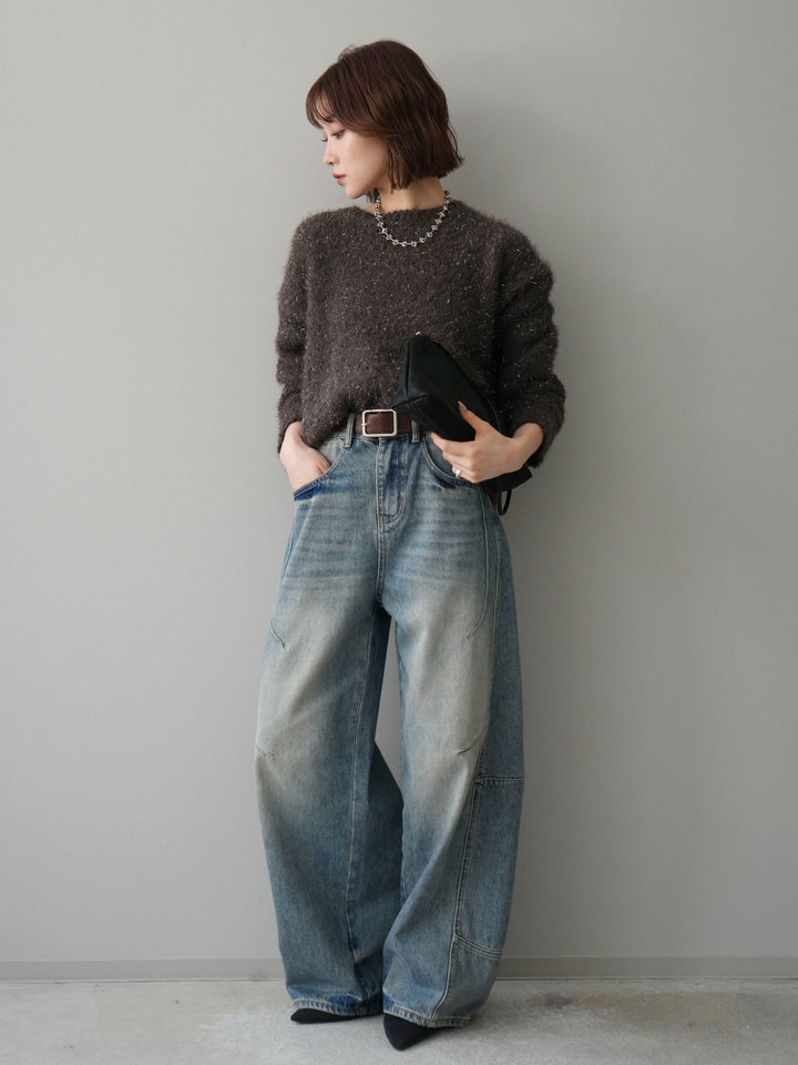 [SET]モールラメミックスヤーンニットプルオーバー+ベルト付カーブデニムパンツ(2set)