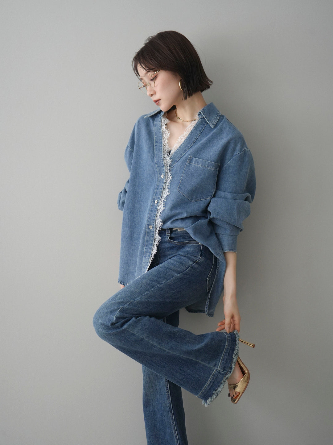 [SET]レースレイヤードデニム開襟シャツ+フリンジデザインセミフレアデニム(2set)