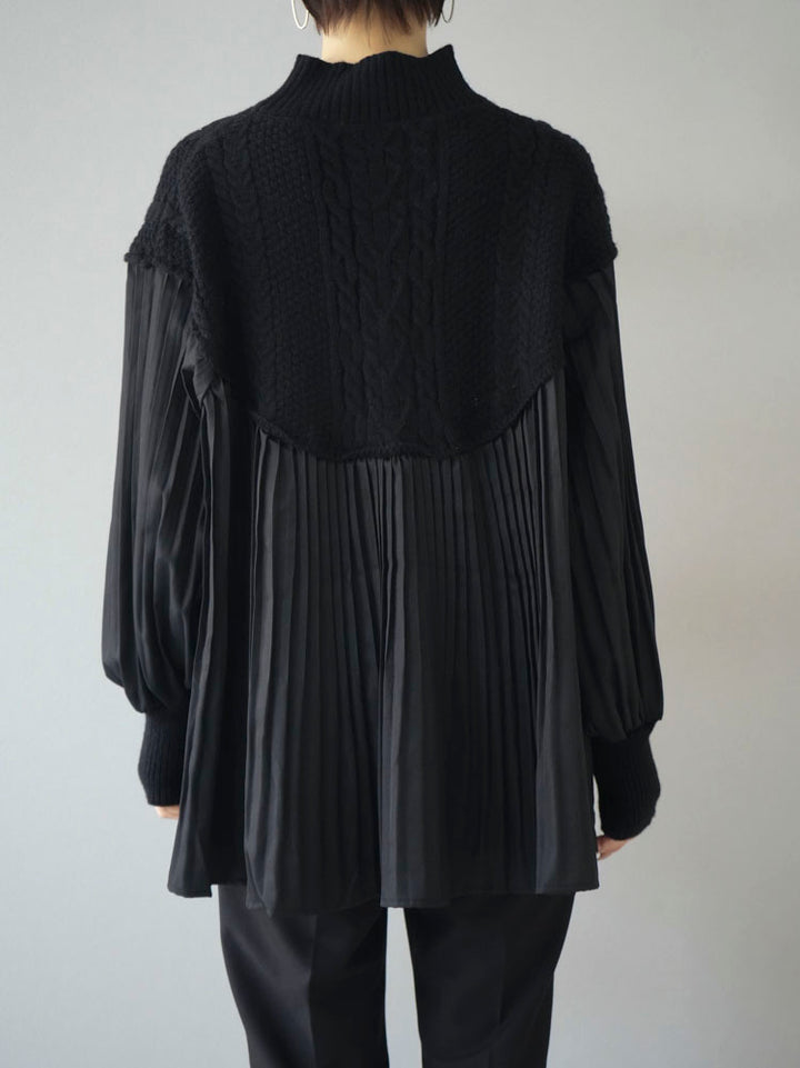 [Pre-order] Pleated blouse docking high neck knit pullover/black