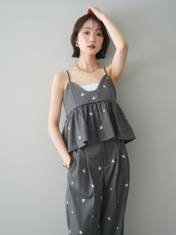 [SET]フラワー刺繍ビスチェ+フラワー刺繍タックパンツ(2set)