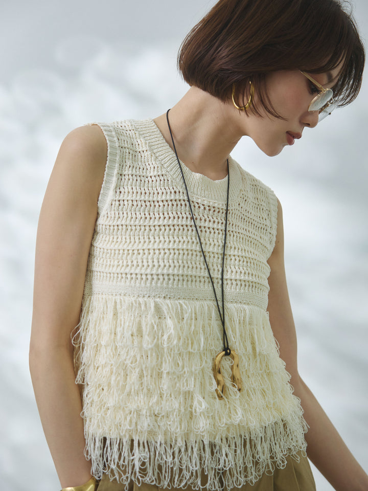 [予約]フリンジクロップドニットベスト/beige