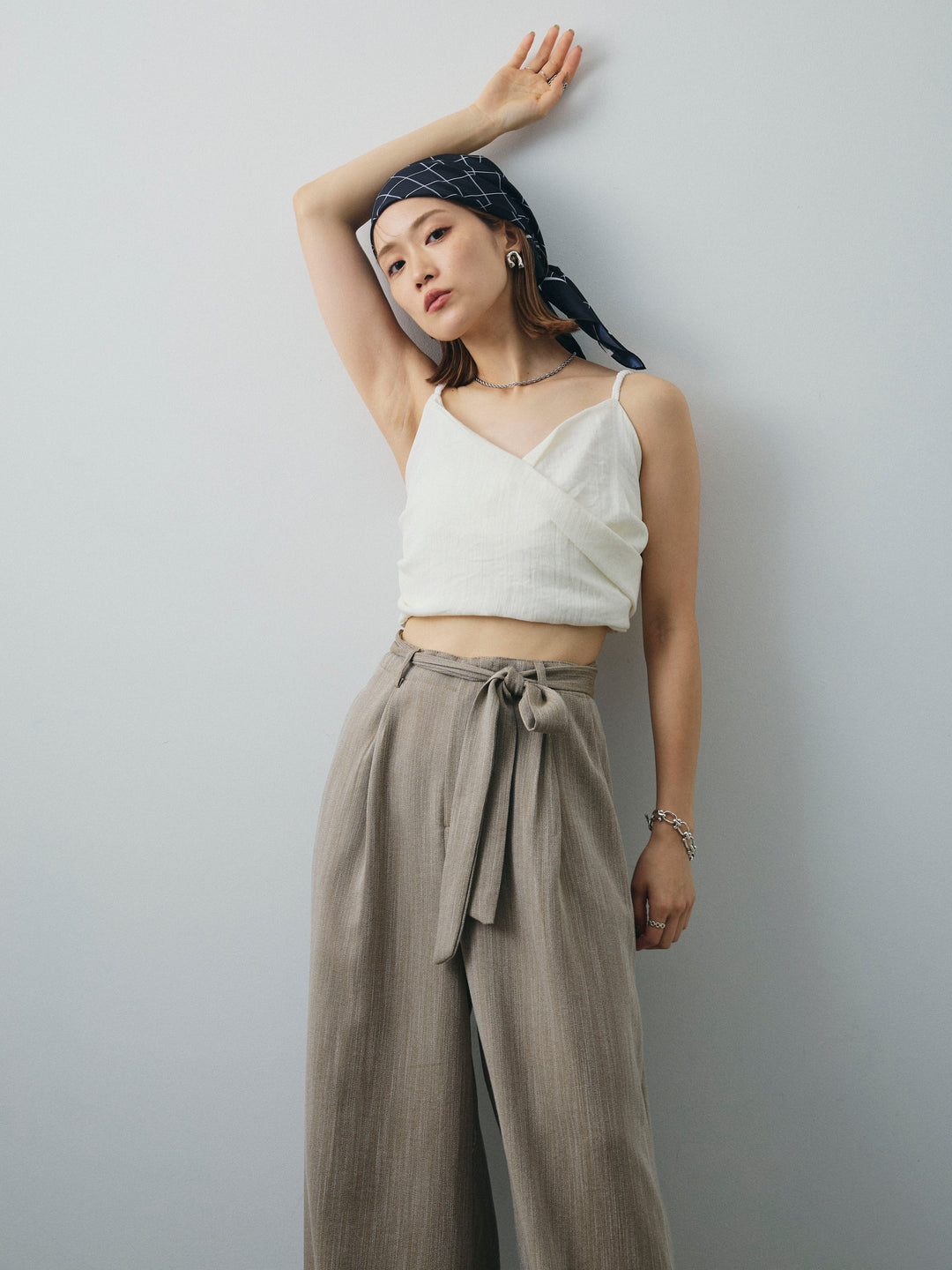 [SET]リネンライクカシュクールデザインビスチェ+リネンライクウエストリボンワイドパンツ(2set)