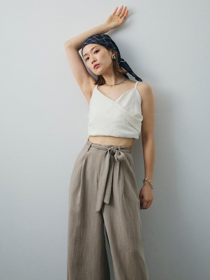 [SET]リネンライクカシュクールデザインビスチェ+リネンライクウエストリボンワイドパンツ(2set)