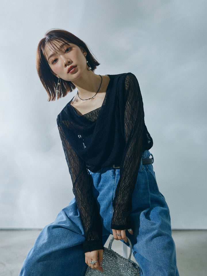 [予約]ストレッチレースドレープトップス/black