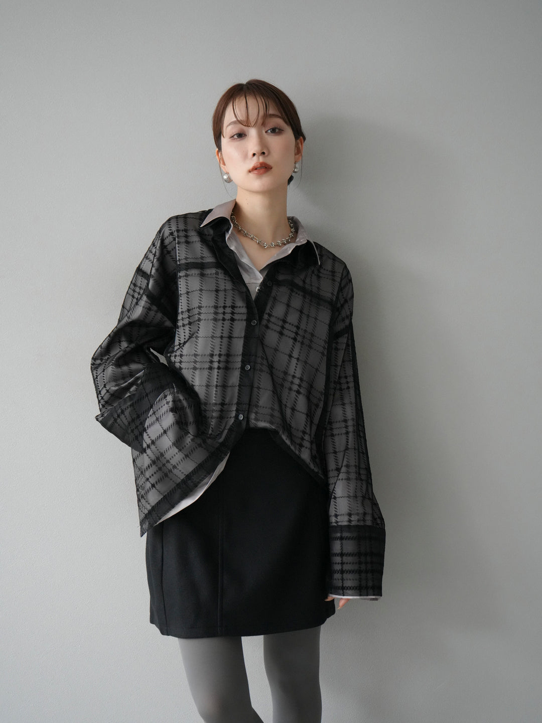 [予約]チェック柄チュールシャツアンサンブル/ブラック