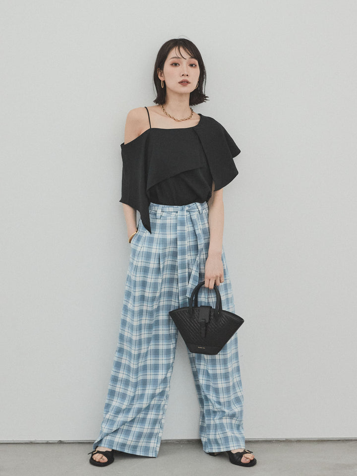 [SET]ワンショルラッフルブラウス+チェック柄ワイドパンツ(2set)