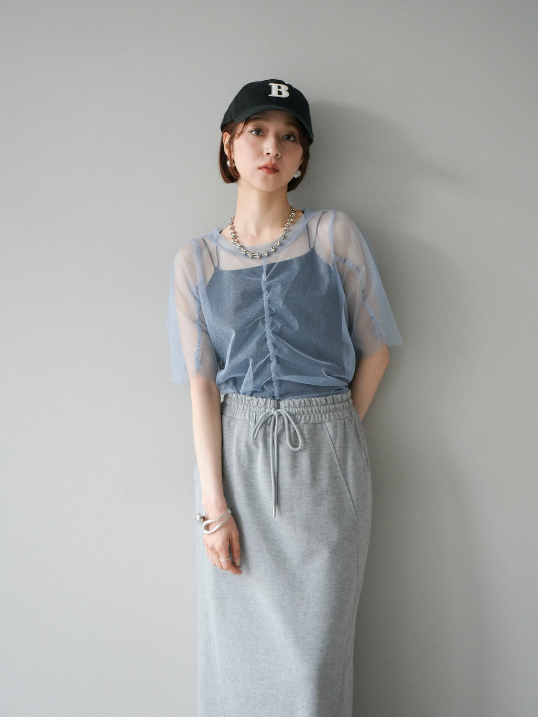 [SET]ラメチュールシャーリングプルオーバー+ダブルストラップカットリブブラキャミソール(2set)