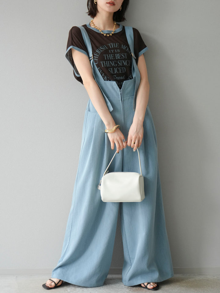 [SET]ストリングデザインハイウエストサロペット+シアーフライス ロゴプリントT (2set)