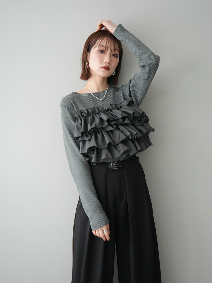 [予約]フリルビスチェドッキングスポンジニットプルオーバー/gray