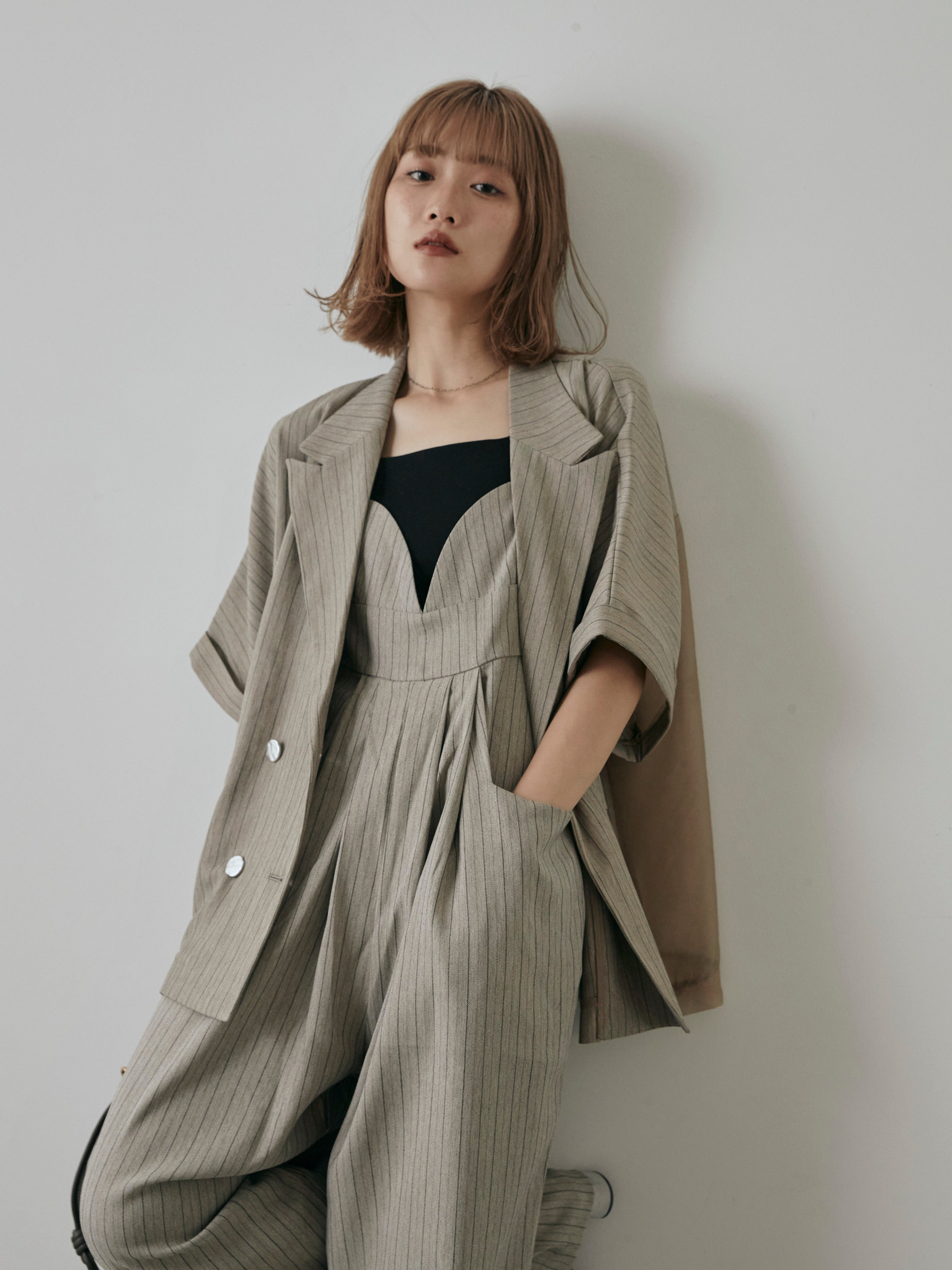 アウター ヘリンボンストライプ ジャケット SET]バックオーガンジーヘリンボーンストライプハーフジャケット+