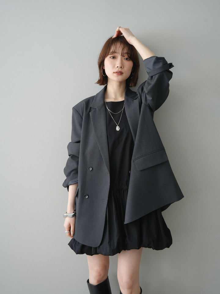 [SET]ノースリバルーンミニワンピース+ダブルブレストオーバージャケット(2set)