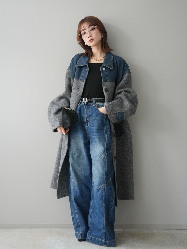 [予約]デザインステッチカーブデニムパンツ/navy