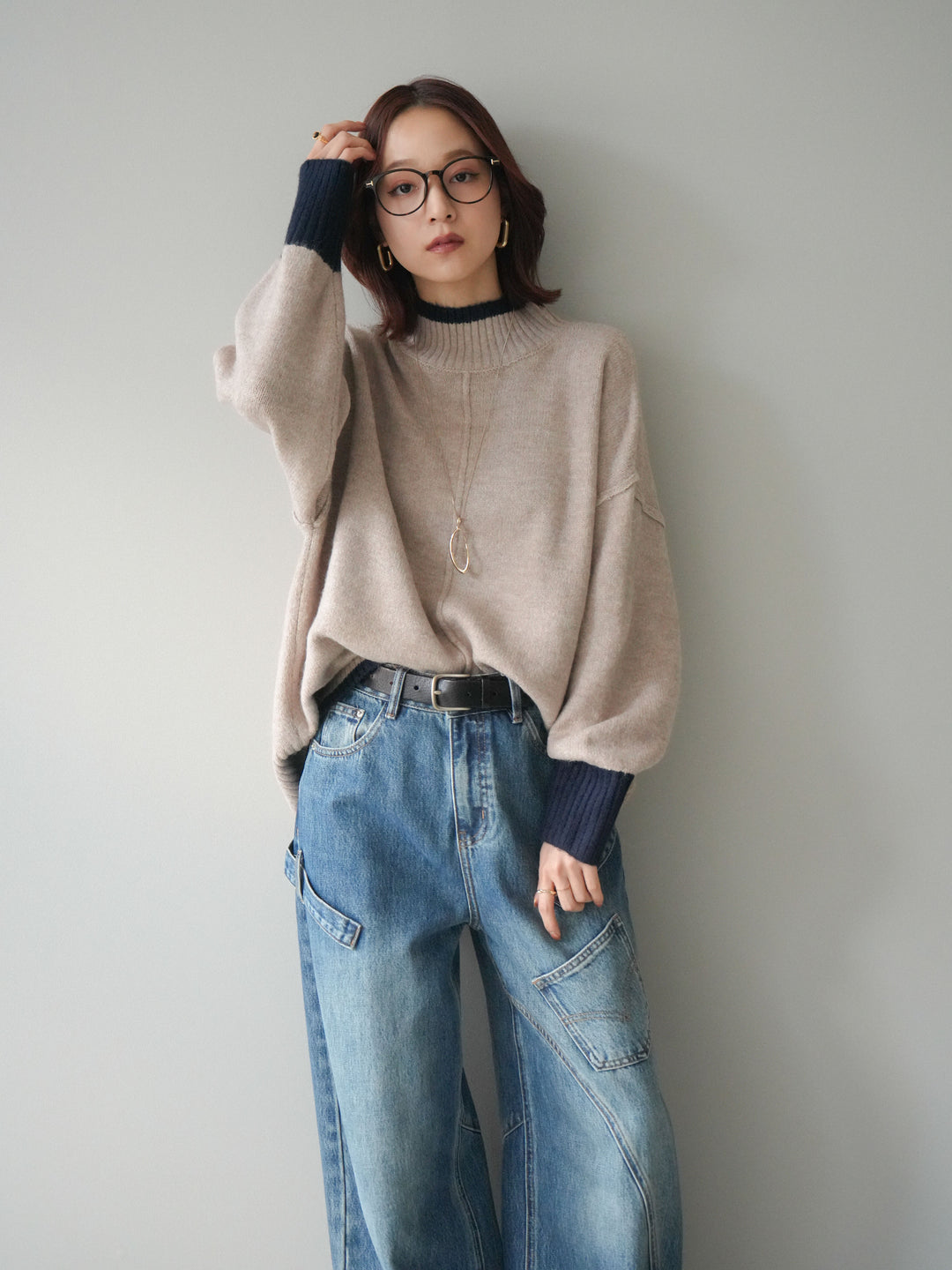 [SET]配色ハイネックニットプルオーバー+ペインターカーブデニムパンツ(2set)