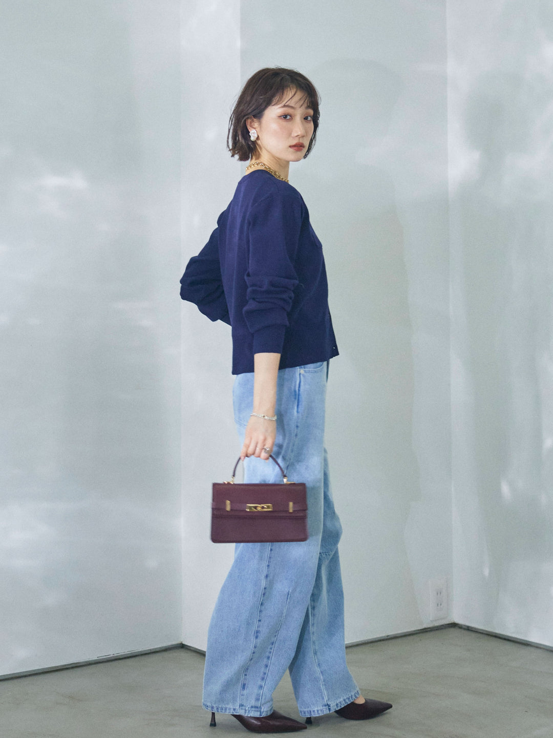 【Allure】[SET]ミニポケットニットカーディガン+アシメカーブデニムパンツ(2set)