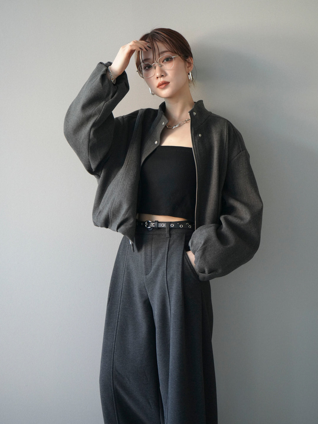 [予約]タックデザインジップブルゾン/charcoal