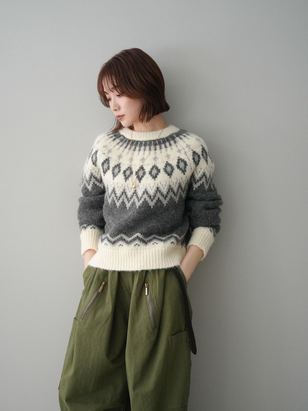 [予約]ノルディック柄ニットプルオーバー/gray