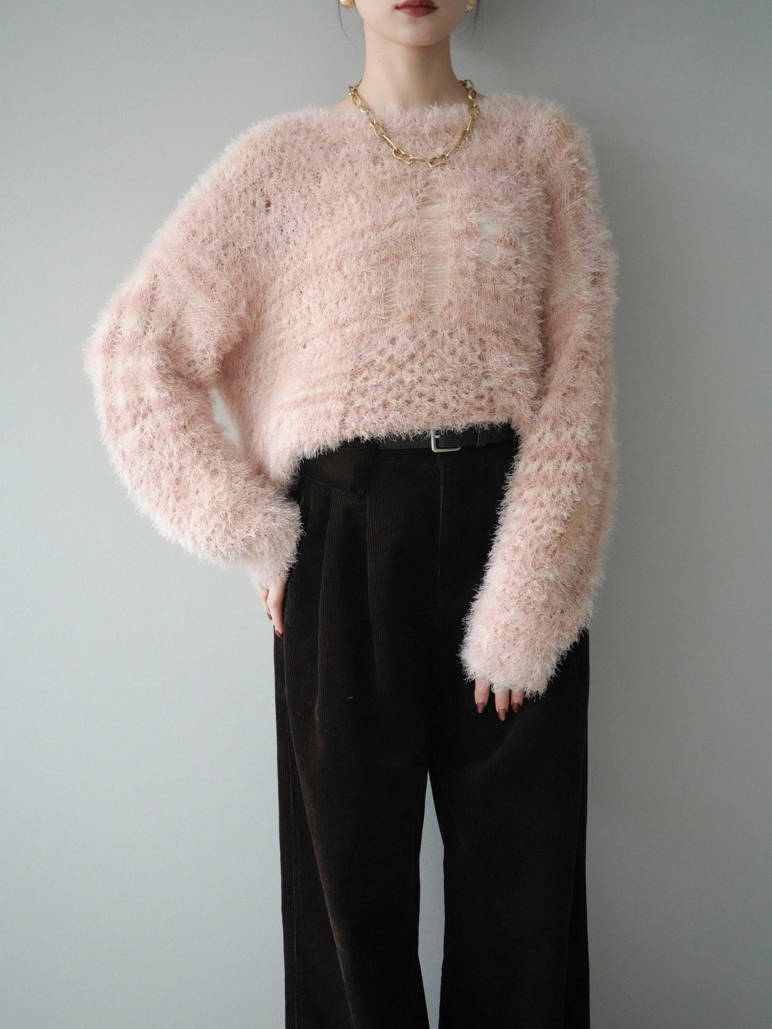 [予約]ミックスシャギールーズニットプルオーバー/pink