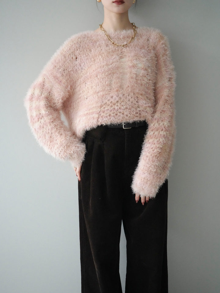 [予約]ミックスシャギールーズニットプルオーバー/pink