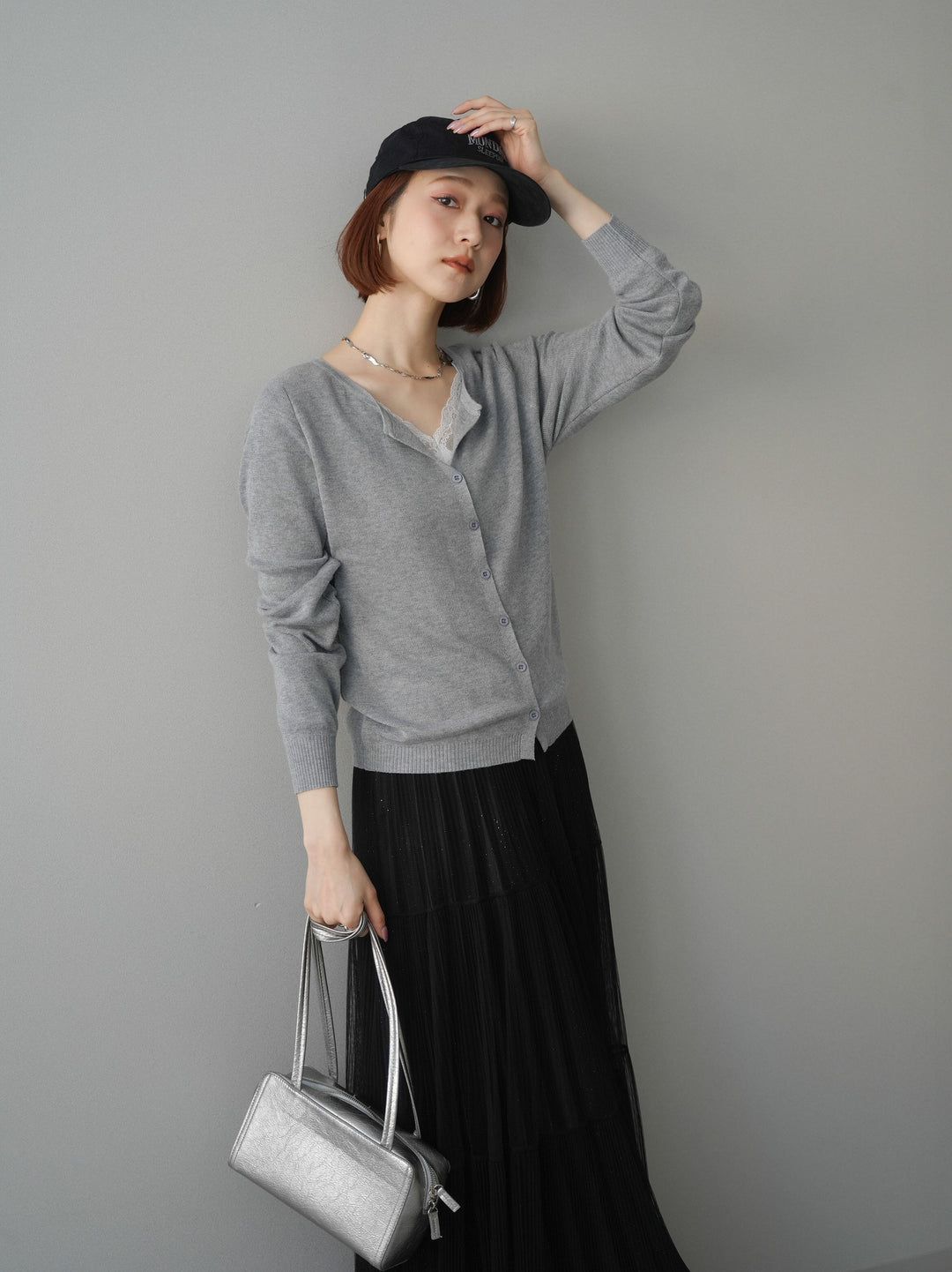 [予約]レースレイヤードニットカーディガン/gray