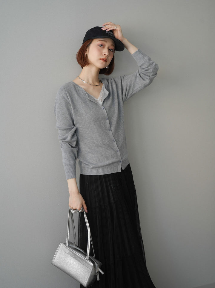 [予約]レースレイヤードニットカーディガン/gray