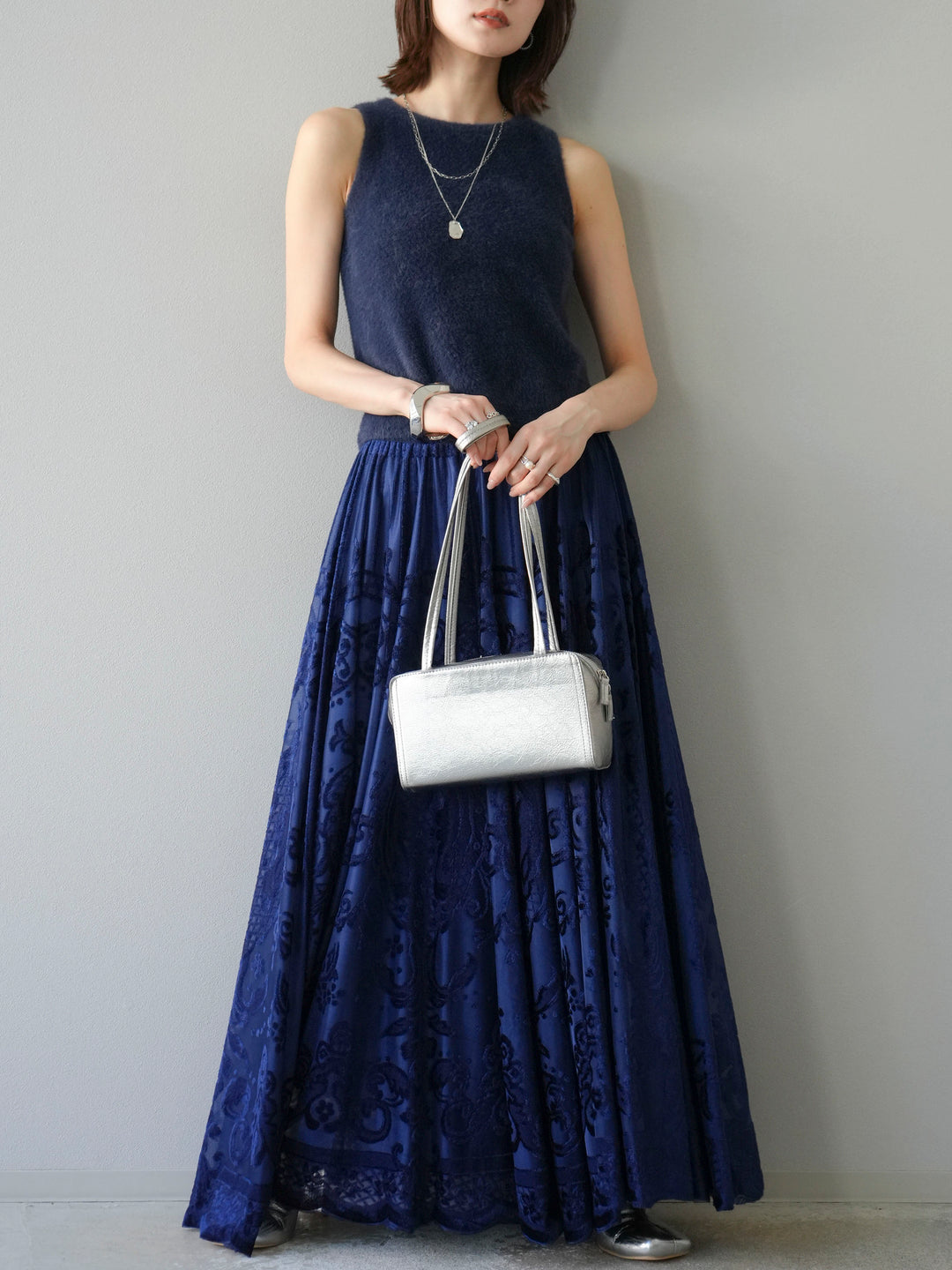 [予約]アンティーク柄フロッキーマキシスカート/ブルー