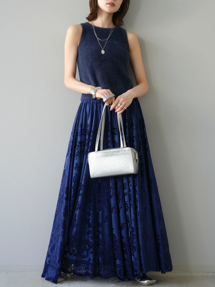 [予約]アンティーク柄フロッキーマキシスカート/ブルー