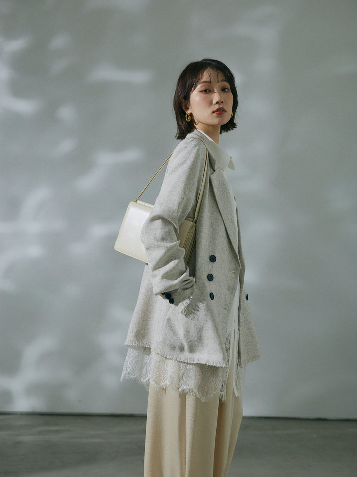 【Allure】[SET]スラブツイードフリンジテーラージャケット+ワッシャーサテンタックジョガーパンツ(2set)