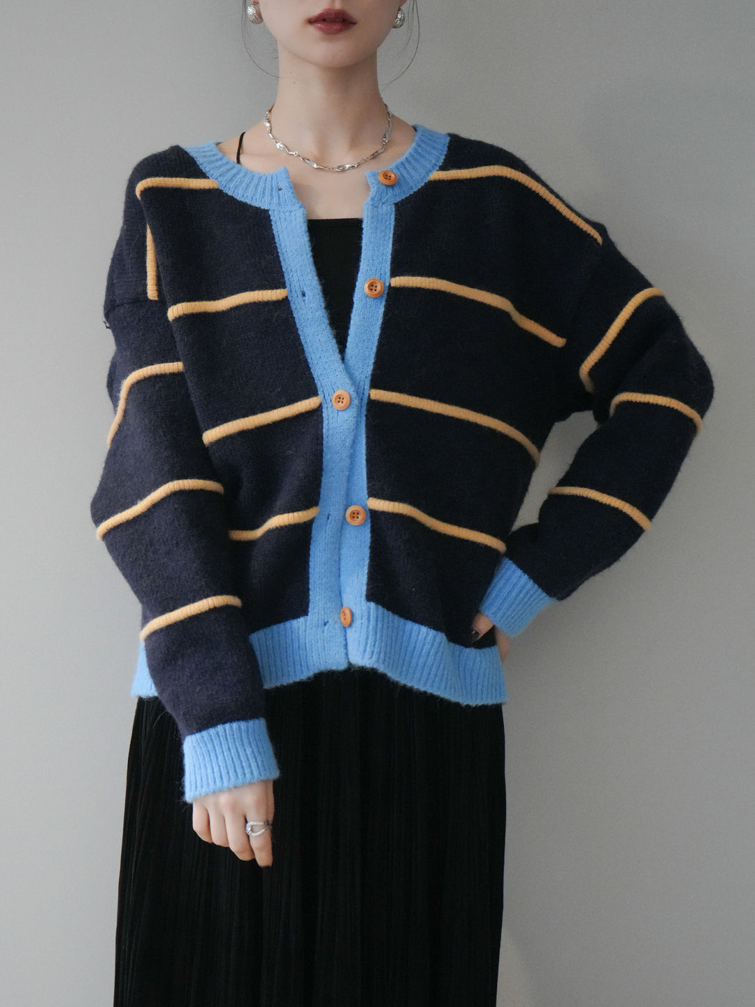 [予約]配色ボーダーニットカーディガン/navy