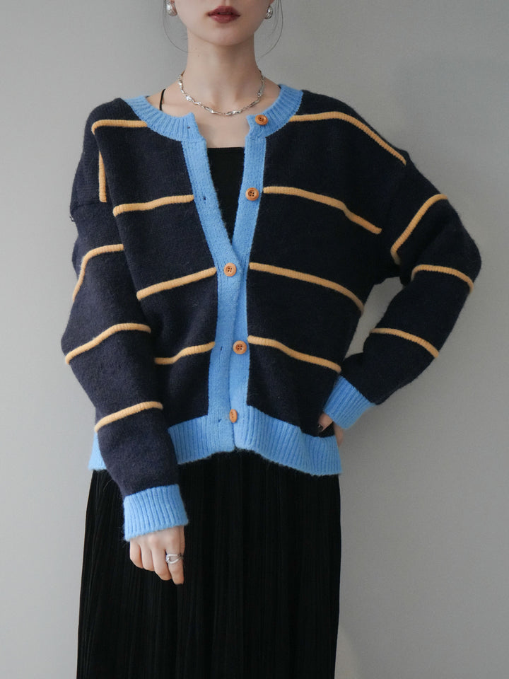 [予約]配色ボーダーニットカーディガン/navy