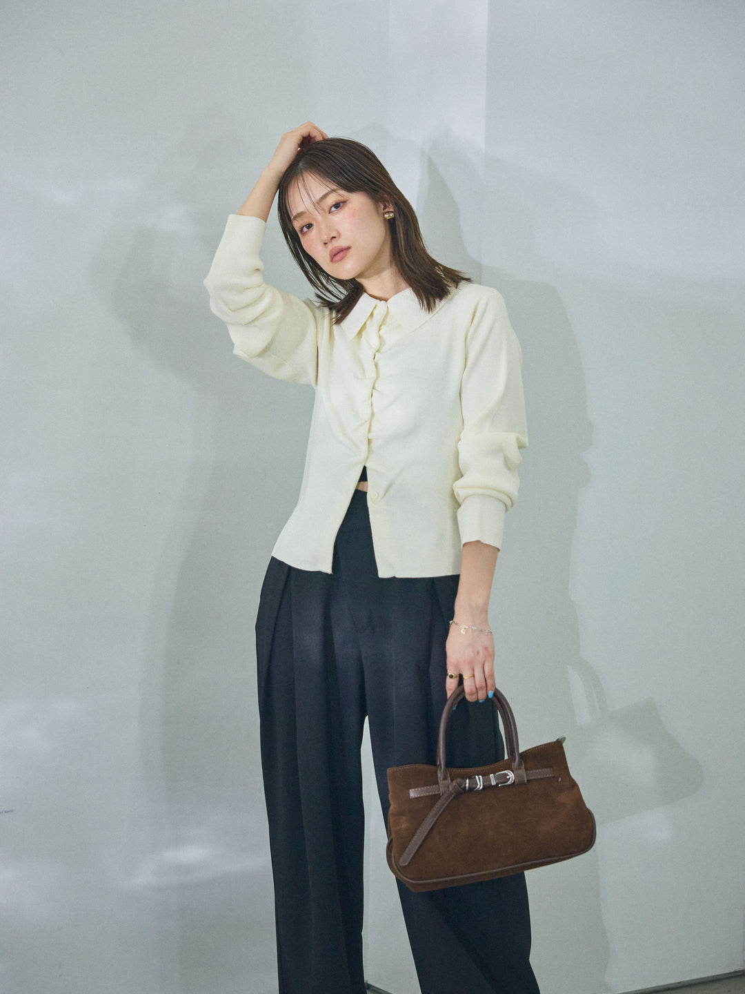 【Allure】[SET]襟付きギャザーニットカーディガン+襟付きギャザーニットカーディガン(2set)