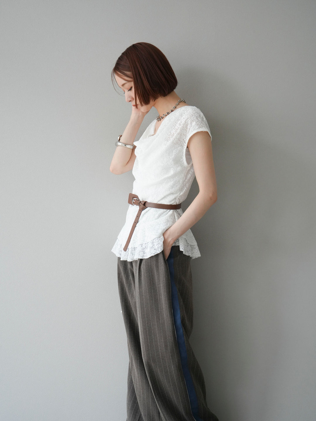 [予約]サイドラインストライプワイドパンツ/ブラウン