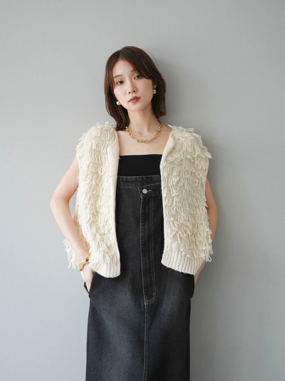 [SET]ループデザインベスト+アシンメトリーデニムワンピース(2set)