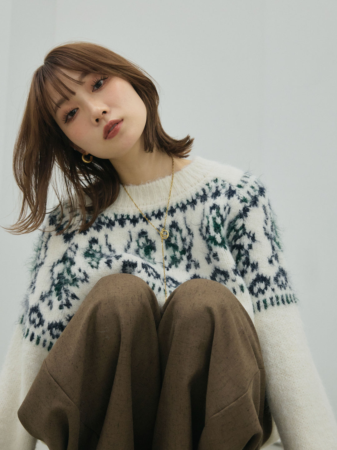 【Allure】[SET]ノルディック柄モックネックオーバニットプルオーバー+ノルディック柄モックネックオーバニットプルオーバー(2set)