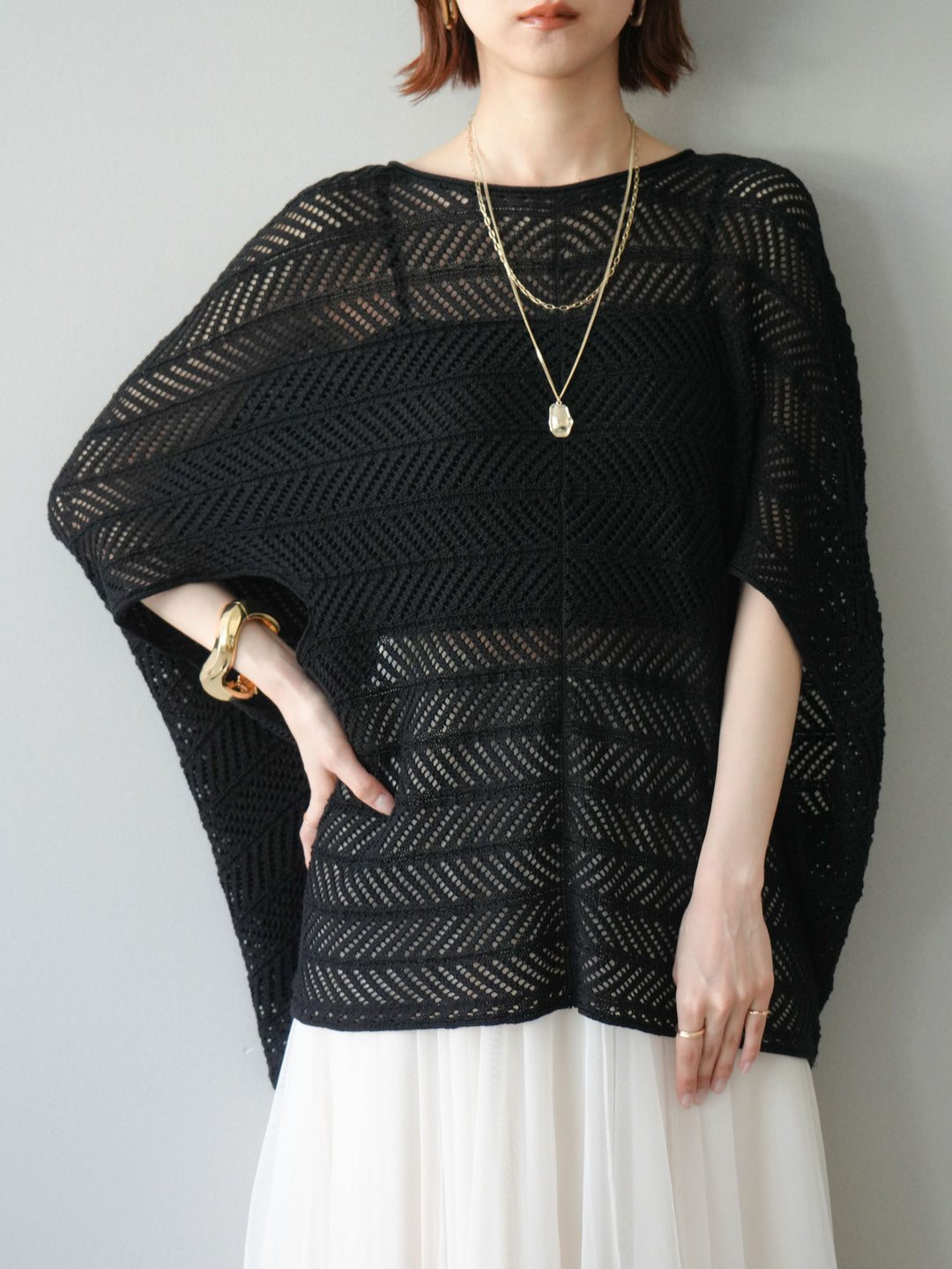 [予約]シアーポンチョニットトップス/black
