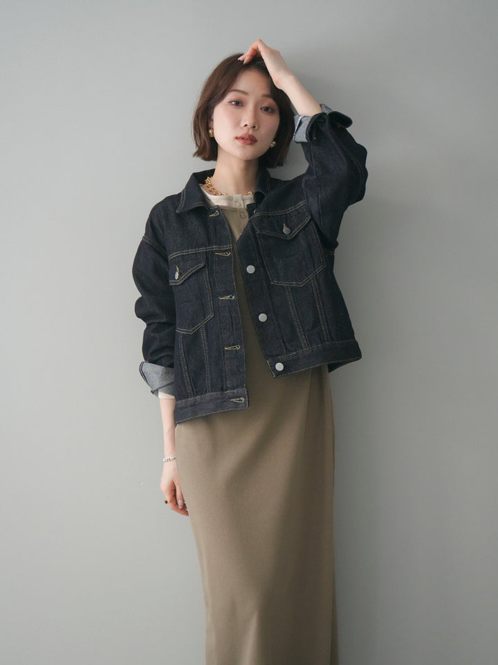 [SET]配色レイヤードヘンリーネックカットリブワンピース+配色ステッチデニムジャケット(2set)