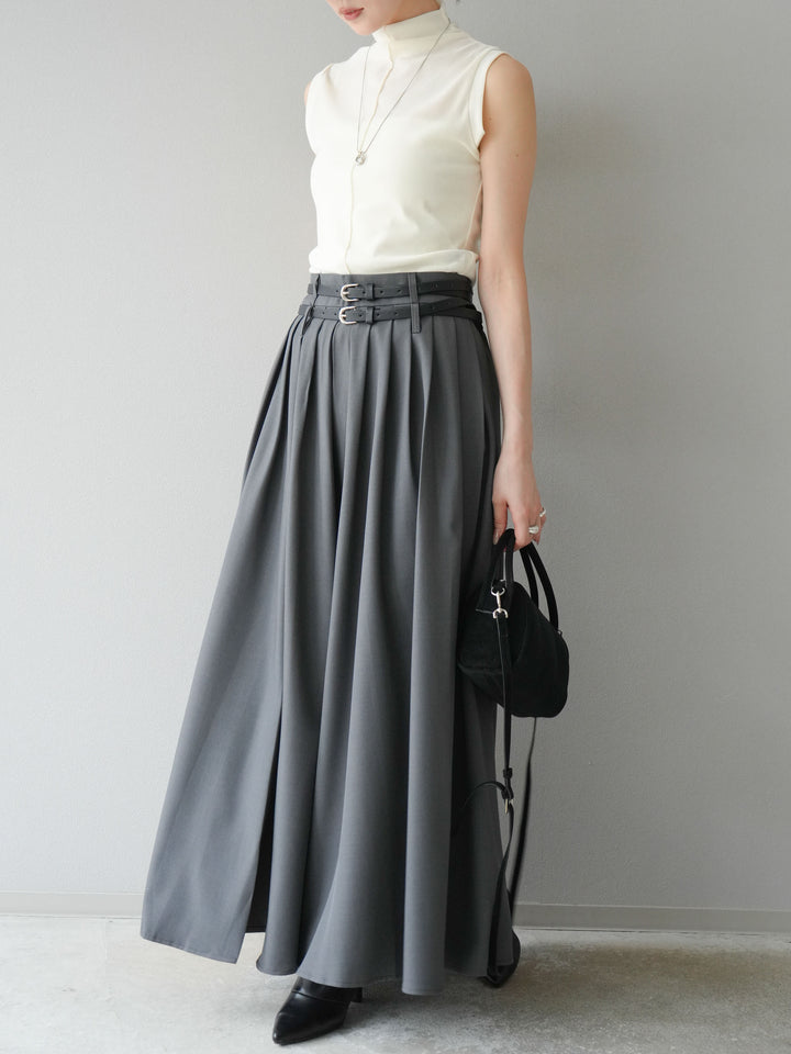 [SET]シアーベロアプチネックノースリーブトップス+エステルプリーツスリットスカート(2set)