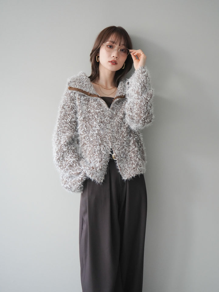 [予約]ミックスシャギージップニットカーディガン/brown