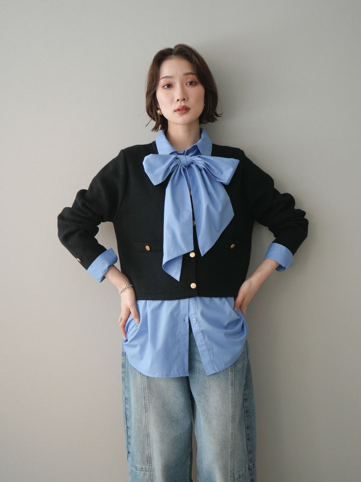 [SET]ゴールドボタンノーカラーニットジャケット+ゴールドボタンノーカラーニットジャケット(2set)