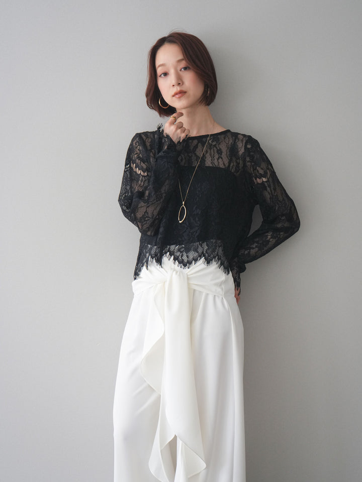 [SET]2WAYスリーブレーストップス+ラッフルベルトワイドパンツ(2set)