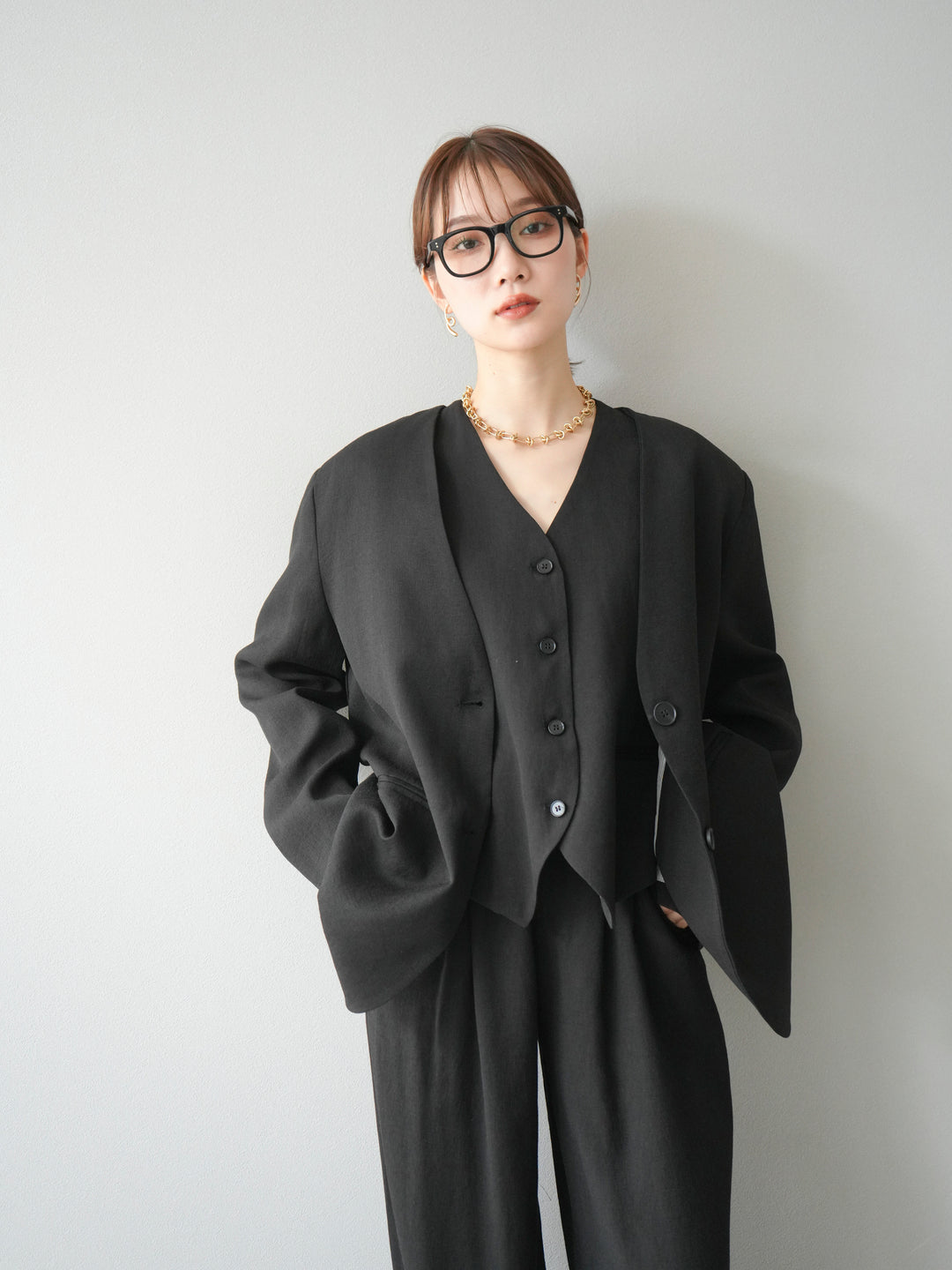 [予約]ノーカラーオーバージャケット/ブラック