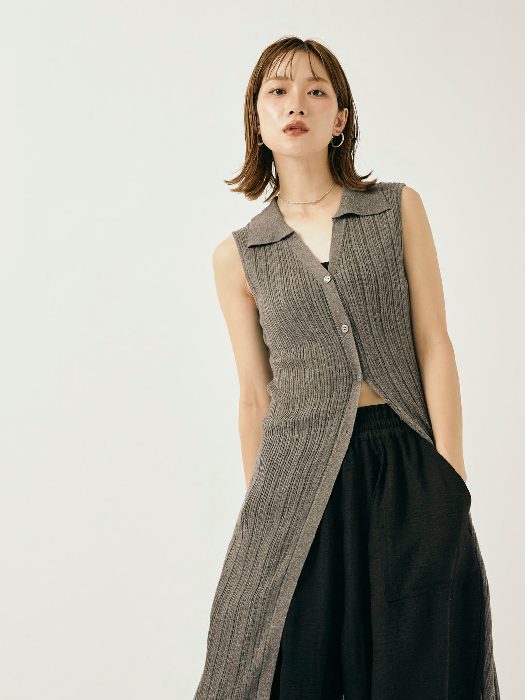 [予約]襟付きランダムリブロングニットカーディガン/グレー