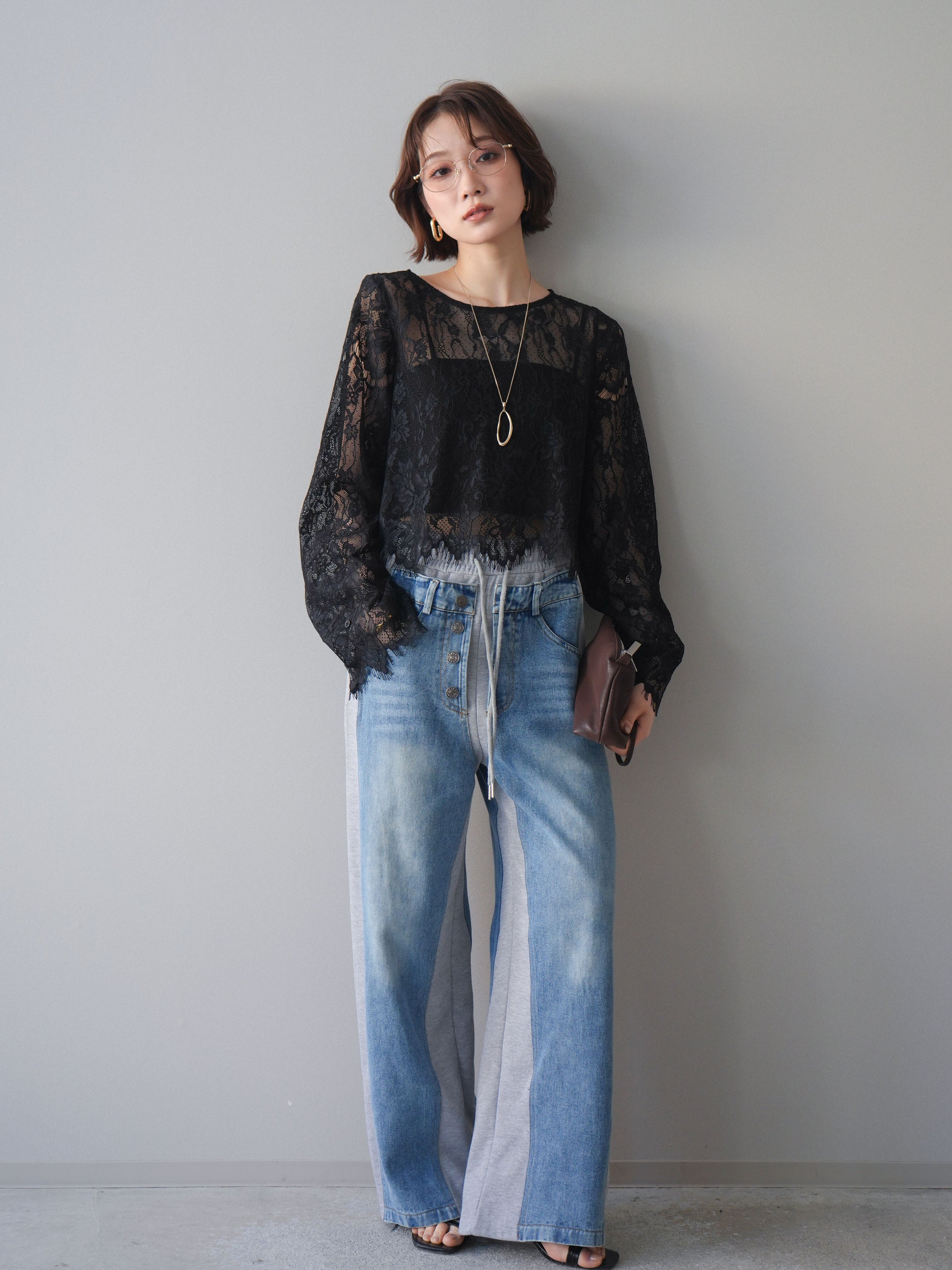 SET]2WAYスリーブレーストップス+デニム切替スウェットパンツ(2set