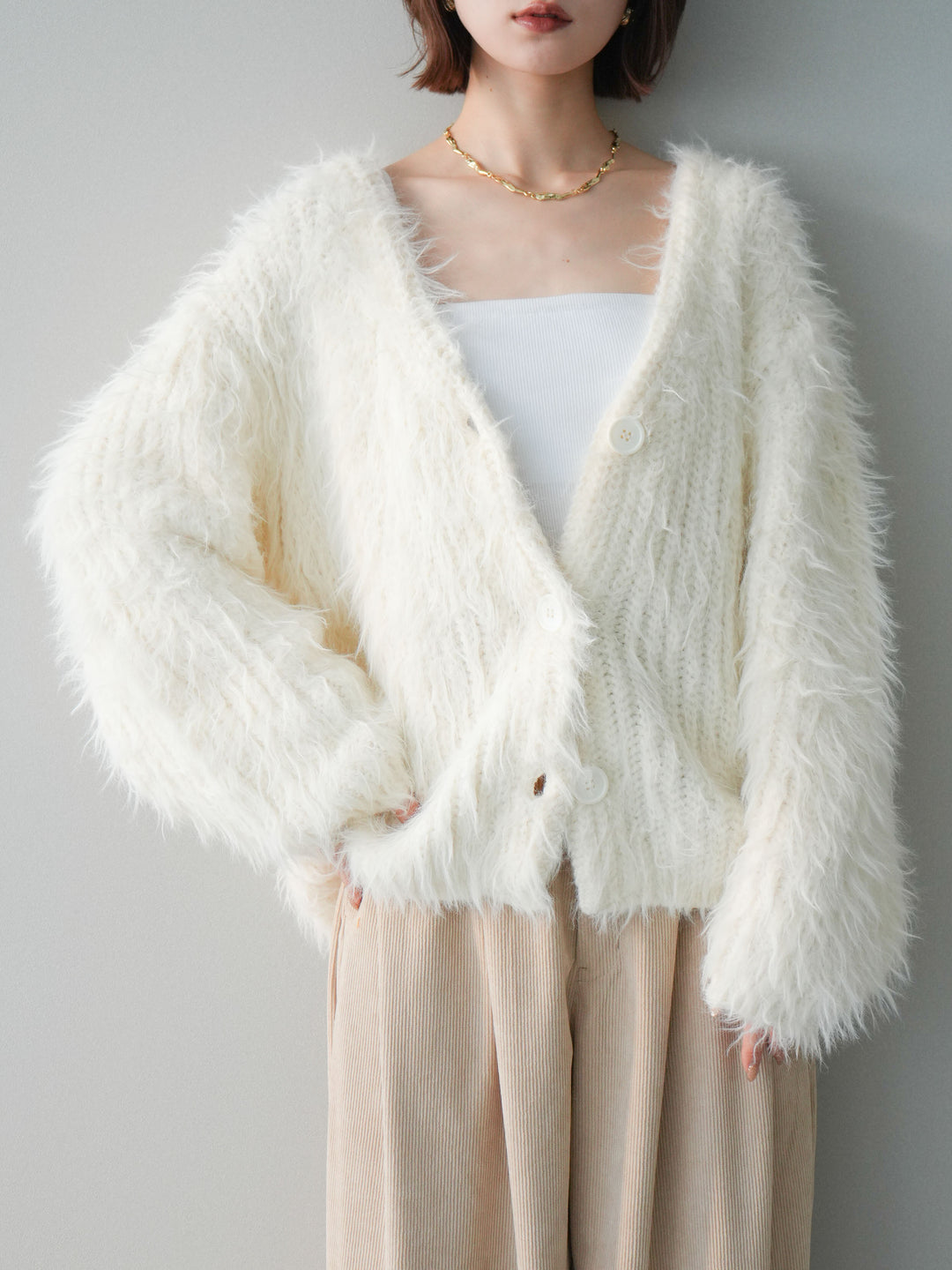 [予約]シャギーオーバーニットカーディガン/white