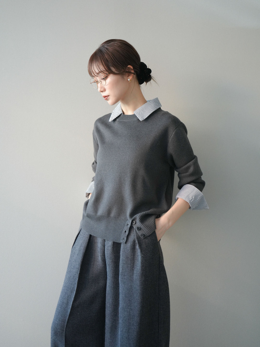 [予約]シャツドッキングデザイン裾ボタンニットプルオーバー/gray