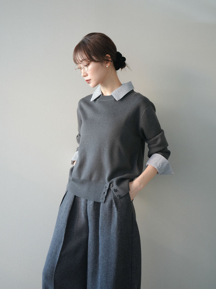 [予約]シャツドッキングデザイン裾ボタンニットプルオーバー/gray