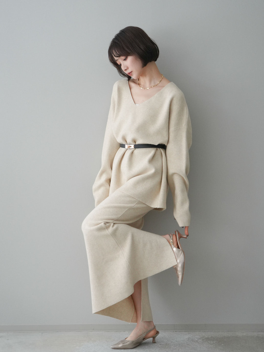 [SET]ベルト付Vネックニット＆スカートSET UP+ベルト付Vネックニット＆スカートSET UP(2set)